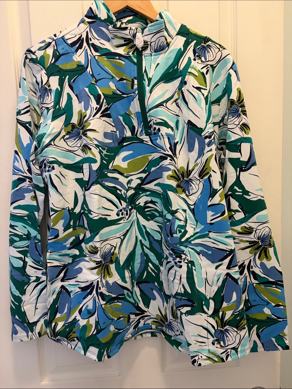 Floral Half-Zip Ski Pullover Jacket - Green/Blue/White